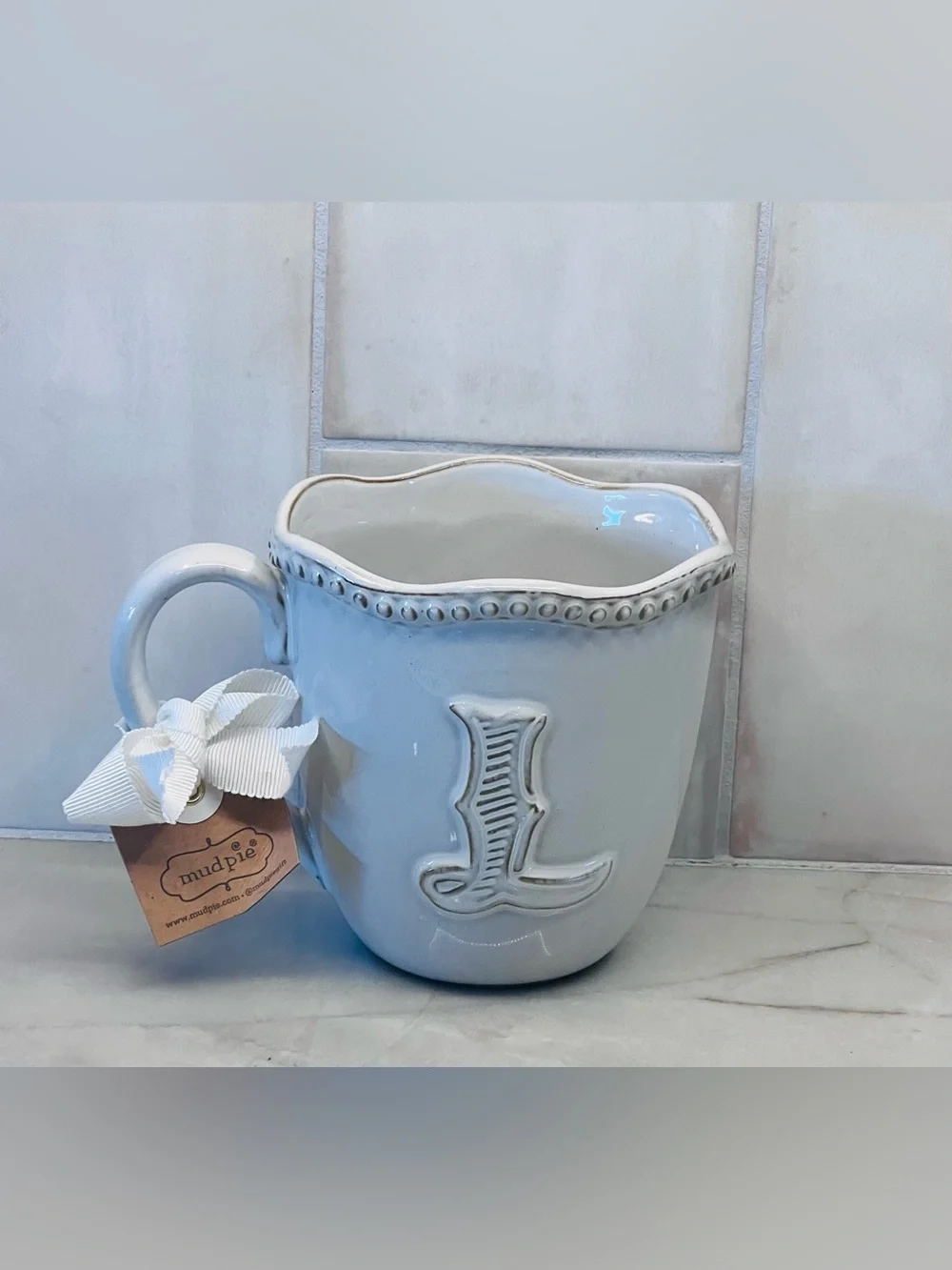 Mud Pie White Ceramic with Beaded Rim and Letter L Cup Mug NWT